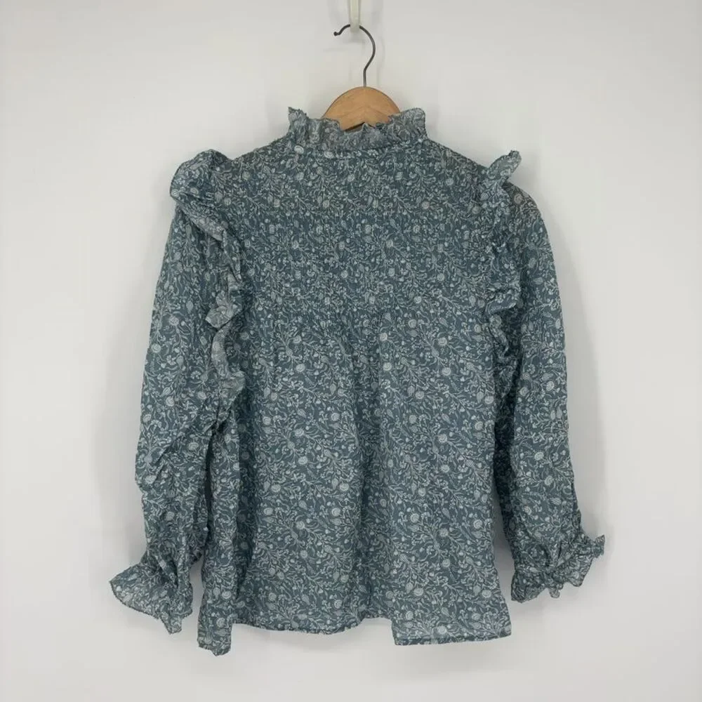 Doen Doen Blue Floral Ruffle-Neck Puff Sleeve Blouse